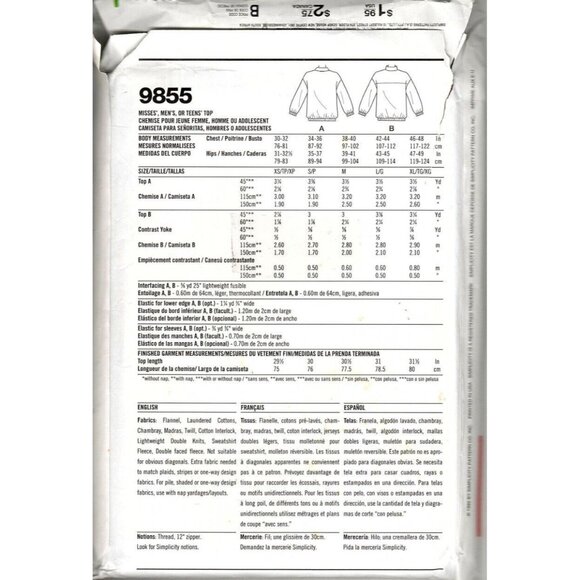 Simplicity 9855 Misses and Mens XS to XL Pullover Tops Uncut Sewing Pattern - Picture 2 of 2